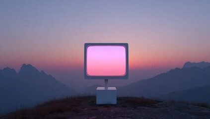 White TV on mountaintop at sunset