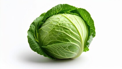 Obraz premium Fresh Green Cabbage Head Isolated on Bright White Background Highlighting Natural Organic Produce Quality