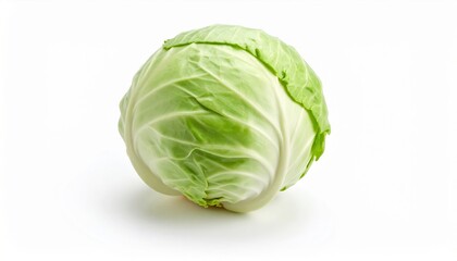 Fototapeta premium Fresh Green Cabbage Head Glowing Against a Pure White Background Highlighting Natural Beauty and Texture