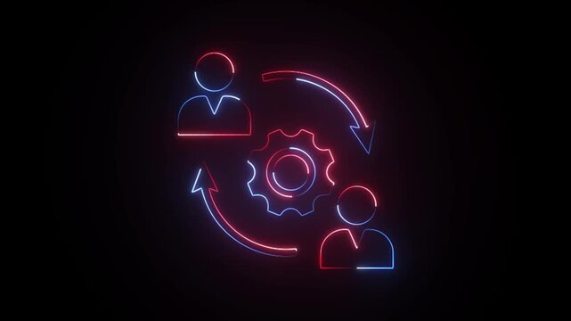 Glowing neon teamwork icon business gear concept symbol on a dark background animation.