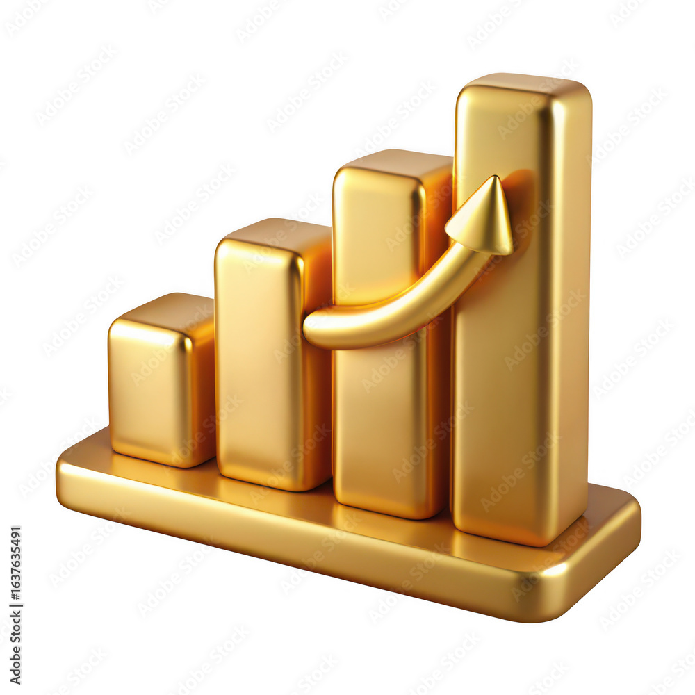 Poster golden 3d bar chart with upward arrow illustrating growth and success isolated on transparent backgr