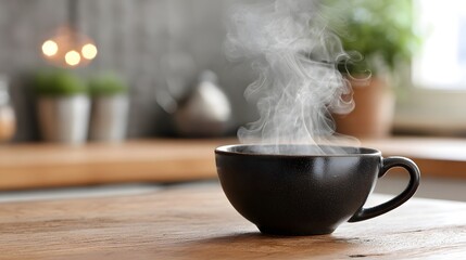 Steaming mug of hot beverage on wooden table.