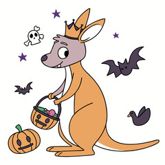 Grumpy expression on a Kangaroo in a Halloween theme, with with a tiny crown – Spooky Fun vector art