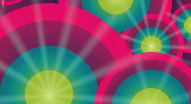 An abstract retro background with overlapping concentric circles in a vibrant pink, teal, and lime green palette, with glowing sunburst effects, creating a dynamic and energetic visual - Powered by Adobe