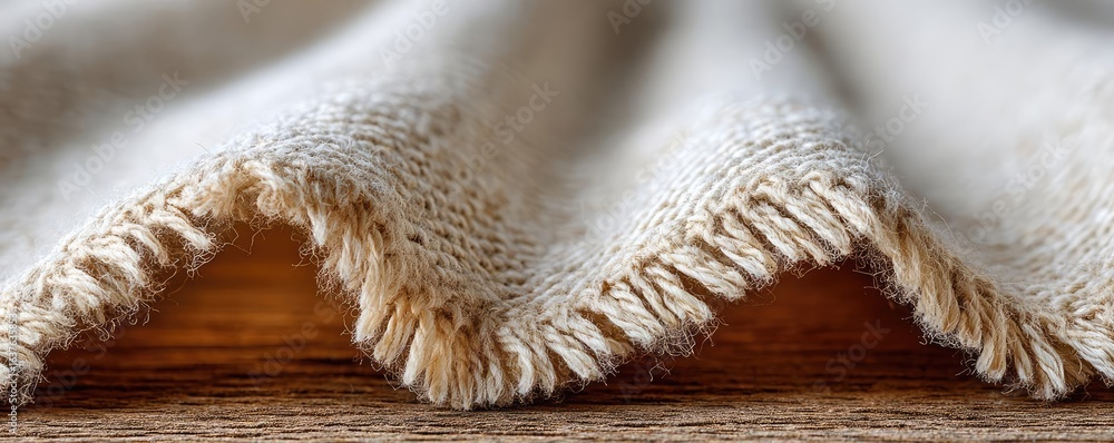 Poster torn section of knit linen concept. close-up of a soft fabric edge resting on a wooden surface.