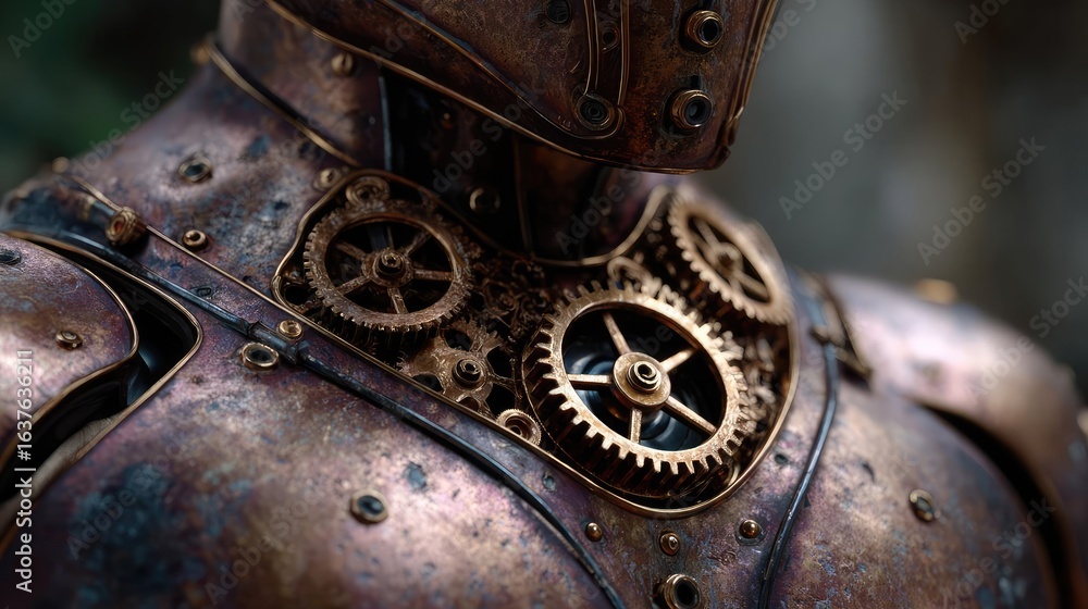 Poster gear cluster in steampunk armor concept. close-up of a steampunk robot showcasing intricate gears.