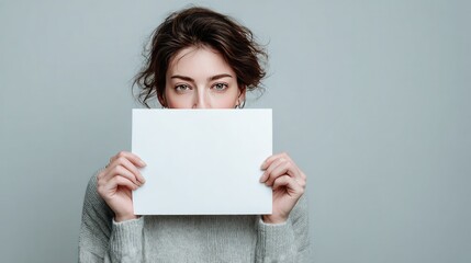 Hiding Behind Paper: A young individual partially conceals their face behind a blank sheet of paper, their eyes conveying a sense of mystery and quiet contemplation in this studio shot.