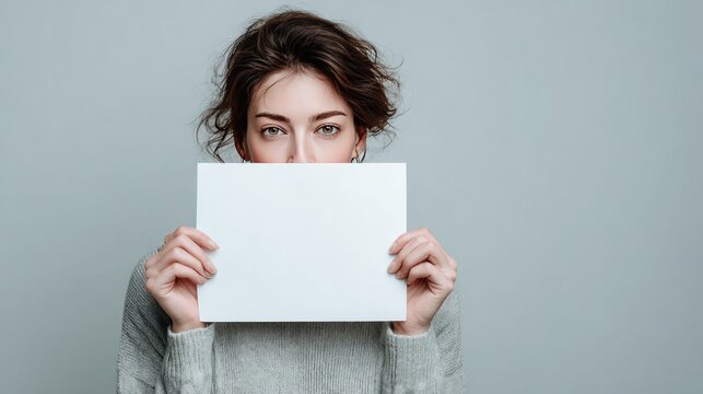 Hiding Behind Paper: A young individual partially conceals their face behind a blank sheet of paper, their eyes conveying a sense of mystery and quiet contemplation in this studio shot.