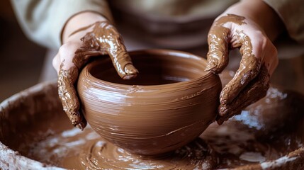 Young woman glazing a pot in her home studio