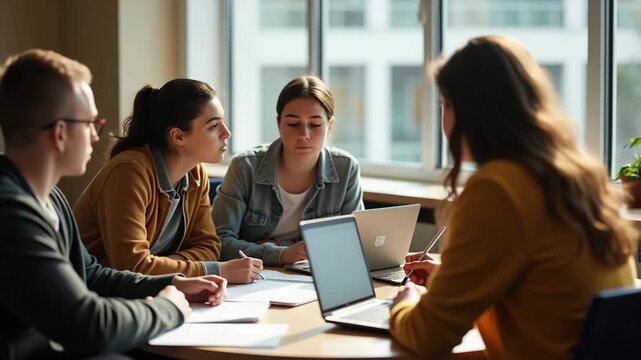University Students Collaborating on Research Papers: A Sunlit Study Hall Scene with Laptops and Texts - Premium Educational Stock Photo Concept Featuring Group Study Session and Empty Space for Text
