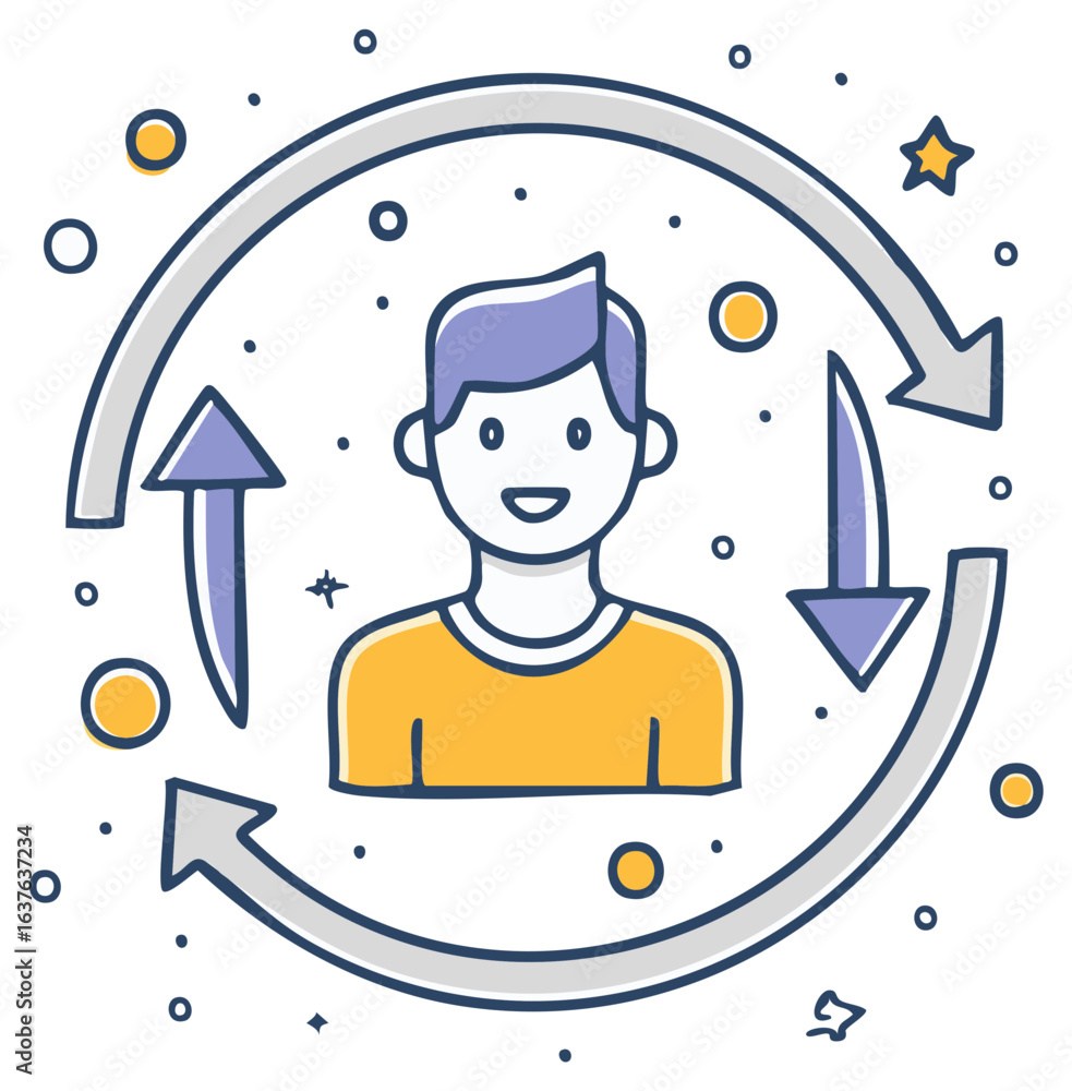 Poster cartoon person surrounded by a circular flow arrow with up and down indicators