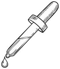 Hand Drawn Dropper with Fluid, Medical or Chemical Instrument for Measured Drops, Pharmacy, Laboratory, Illustration
