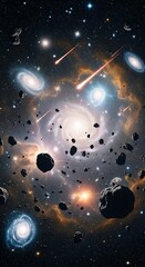 Obraz premium Cosmic Landscape: Asteroids, Galaxies, and Meteors in Deep Space