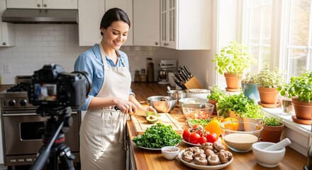 Woman filming a cooking tutorial in a bright well lit kitchen with fresh ingredients