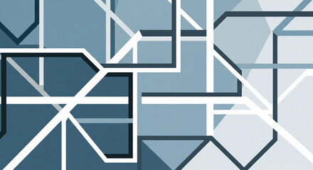 An abstract geometric background with a complex network of intersecting lines and shapes in a cool, minimalist grey and blue palette.