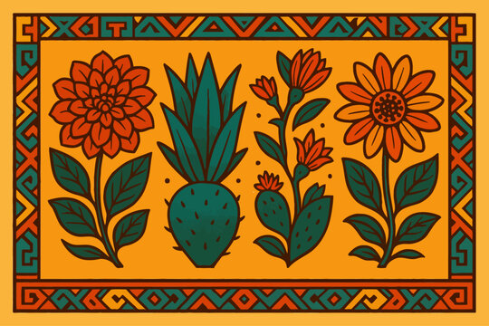 Vibrant Mexican folk art floral illustration featuring bold flowers, cactus, and geometric border patterns in rich earthy tones, inspired by traditional textile and decorative designs