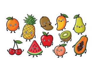 Cheerful Fruit Characters: A colorful assortment of anthropomorphic fruits, each with their own unique expressions and personalities, creating a whimsical and joyful scene.