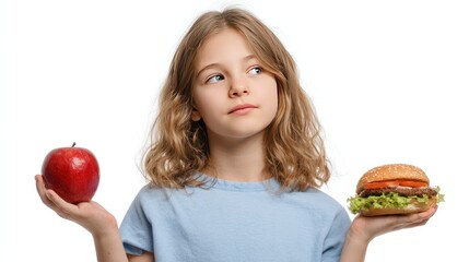 Healthy Choice Dilemma: A young girl contemplates the choice between a juicy red apple and a delicious burger, highlighting the crucial importance of making wise food choices for a balanced life.