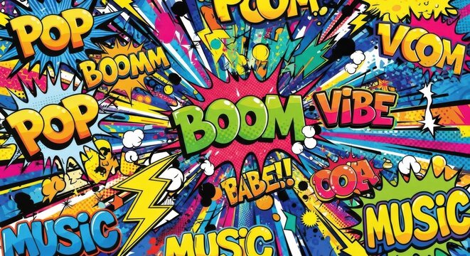 Dynamic Pop Art Explosion with Graffiti-Style Comic Book Words