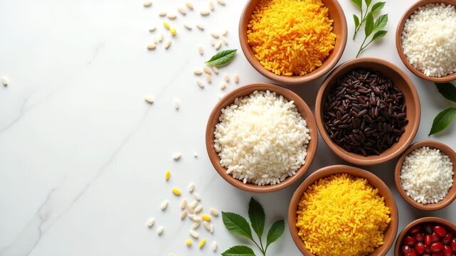 Artistic Flat Lay of Diverse Rice Varieties in Ceramic Bowls: Perfect for Rice Advertising and Marketing Collateral with Blank Space for Custom Ads in Photo Stock Concept