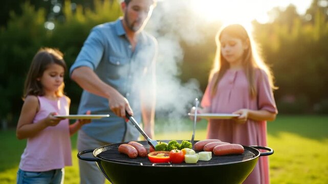 Father Grilling Vegetables and Sausages at Backyard Barbecue with Kids Holding Tongs and Plates - Sunny Afternoon Stock Photo Concept with Empty Space