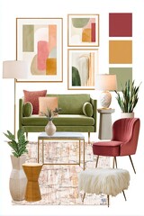 Collage of a modern living room featuring velvet olive green furniture with gold accents, soft fur rug, metallic coffee table, large modern framed posters, plants in ceramic vases, stone side tables 