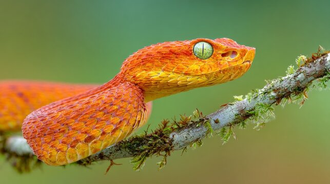 Closeup portrait of a malabar pit viper highlighting its vibrant orange scales and striking eyes in a natural habitat during daylight