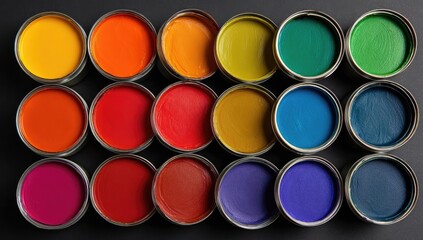 Array of colorful paint tins on black surface
