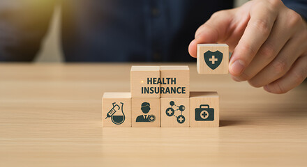 Hand stacking wooden blocks with health icons, symbolizing medical care and healthcare services.