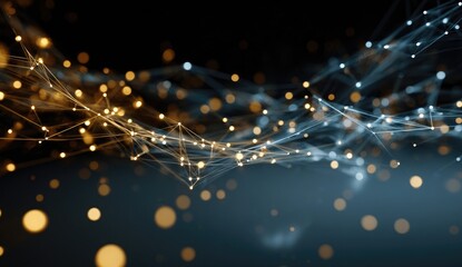 Abstract network of interconnected points and lines in gold and blue, against a dark background