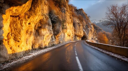 Winding road through a rocky mountain pass bathed in golden sunlight on a snowy day.