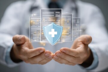 Doctor's hands hold a digital shield protecting medical records