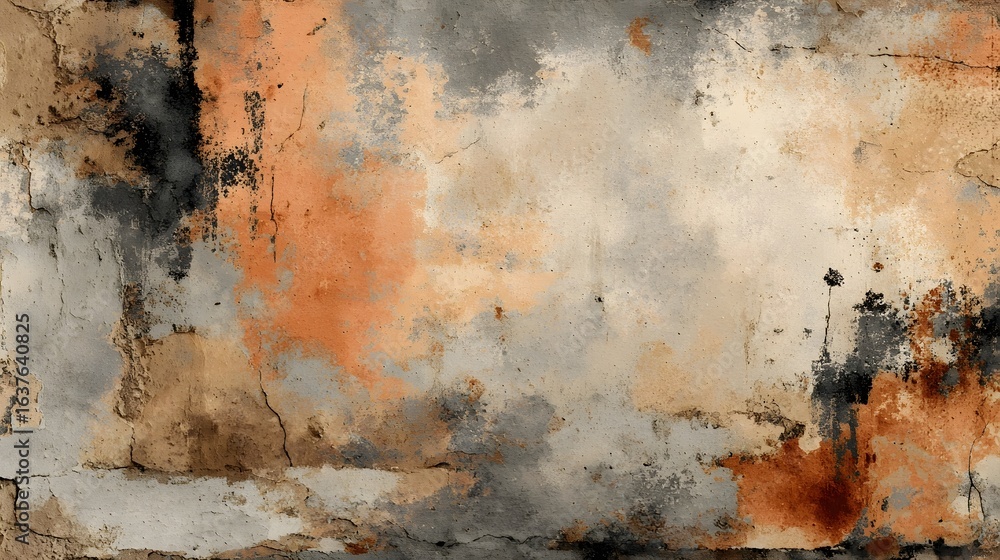 Poster close up view of a weathered deteriorating wall surface with layers of peeling paint rust stains and