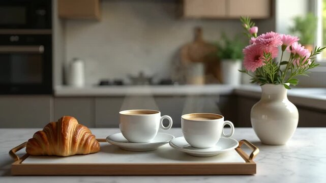 Cozy Living Room Espresso Shot on Marble Tray with Croissant & Flower Vase at Kitchen Island - Tranquil Morning Coffee Scene with Empty Space for Text