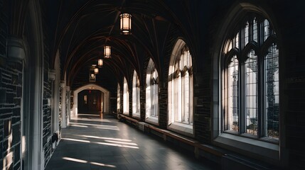 Fototapeta premium Sunlight streams through arched gothic windows in a stone corridor.
