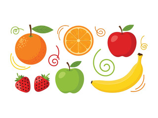 Delicious Fruit Selection: A colorful collection of fresh fruits, including a ripe orange, a juicy apple, a sweet banana, and vibrant strawberries.