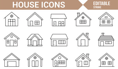 Collection of house-themed illustrations showing various residential designs and housing structures.