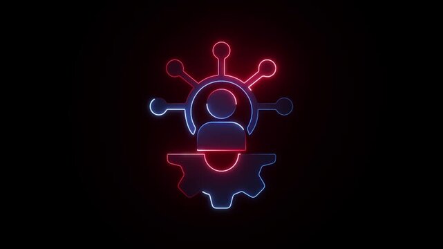 Glowing neon User Settings Icon with Gear and networking concept on a black background animation.