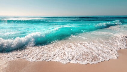 Turquoise waves crashing on a sandy beach. Sunlight on calm ocean