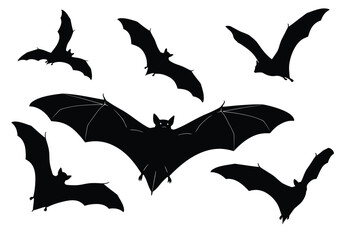 A group of spooky black bat silhouettes in various flight poses isolated on a white background.