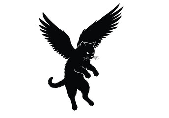 Black silhouette of a cat with large wings spread, appearing to fly or float against a white background.