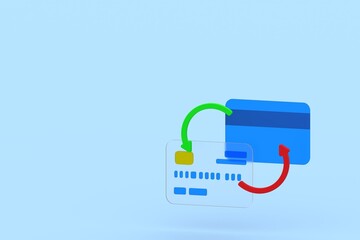 3D render of two credit cards with red and green arrows representing money transfer, payment, and refund process, placed on a minimal blue background for financial and banking concepts.