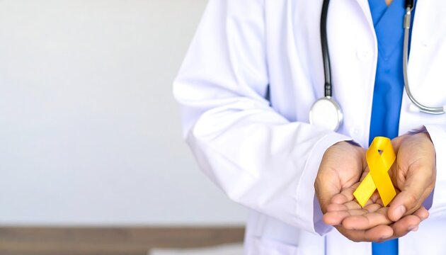 Doctor's Hands Holding a Yellow Awareness Ribbon: Symbolizing Suicide Prevention, Childhood Cancer Awareness and World Cancer Day