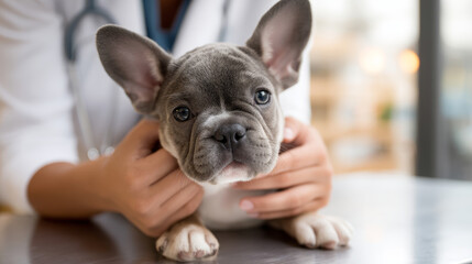 Smiling young veterinarian in blue coat holding dog providing compassionate care in modern veterinary clinic smiling at camera. Injury recovery, healthcare concept, pet treatment and prevention