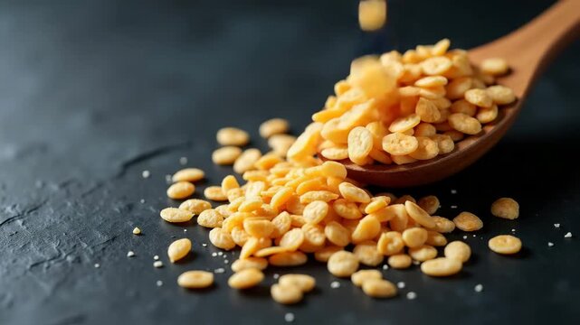 Stunning Close-Up Macro Shot of Multigrain Flakes Cascading from Wooden Spoon on Dark Slate Surface - Perfect for Cereal Food Photography with Textural Contrast and Space for Text