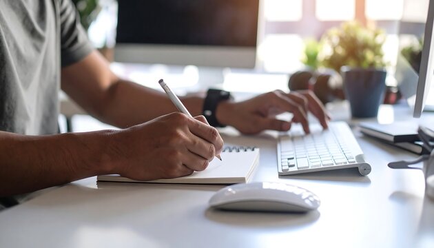 Person taking notes while working on computer