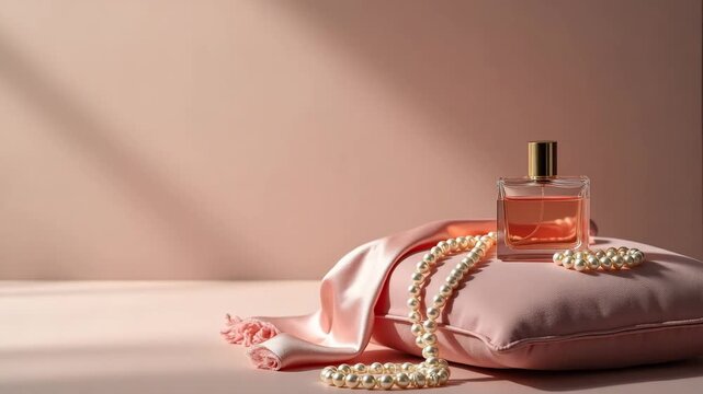 Elegant Still Life: Pearls, Silk Scarf & Perfume Bottle on Velvet Cushion - Perfect for Mom Branding Aesthetic in Photo Stock with Empty Space for Customization