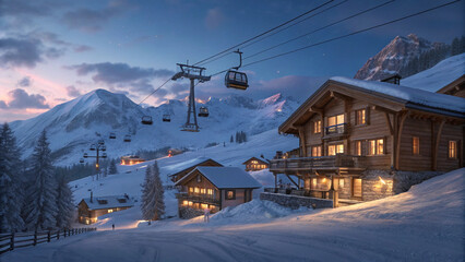 Obraz premium Photo of luxury Alpine ski resort at twilight with cozy wooden chalet at night with snow covered mountains in the background