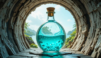 Round Glass Bottle in Dimly Lit Tunnel with Tropical Beach Reflection &ndash; Surreal Escape Concept