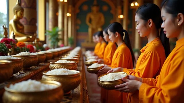 Devotees Offering Rice and Flowers to Buddha in Ornate Temple Hall - Reflective Buddhist Merit Making Ritual - Spirituality, Culture, Tradition, Peaceful Atmosphere